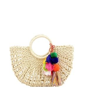 Beige Knitted Straw Carry Satchel Basket Bag